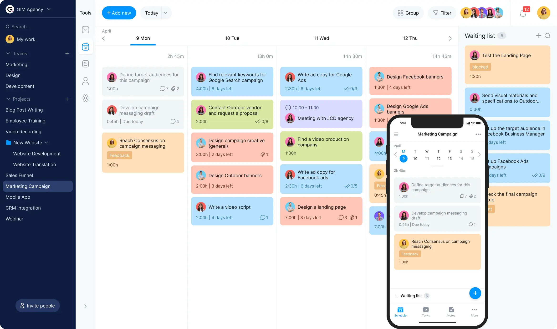 Project management board calendar