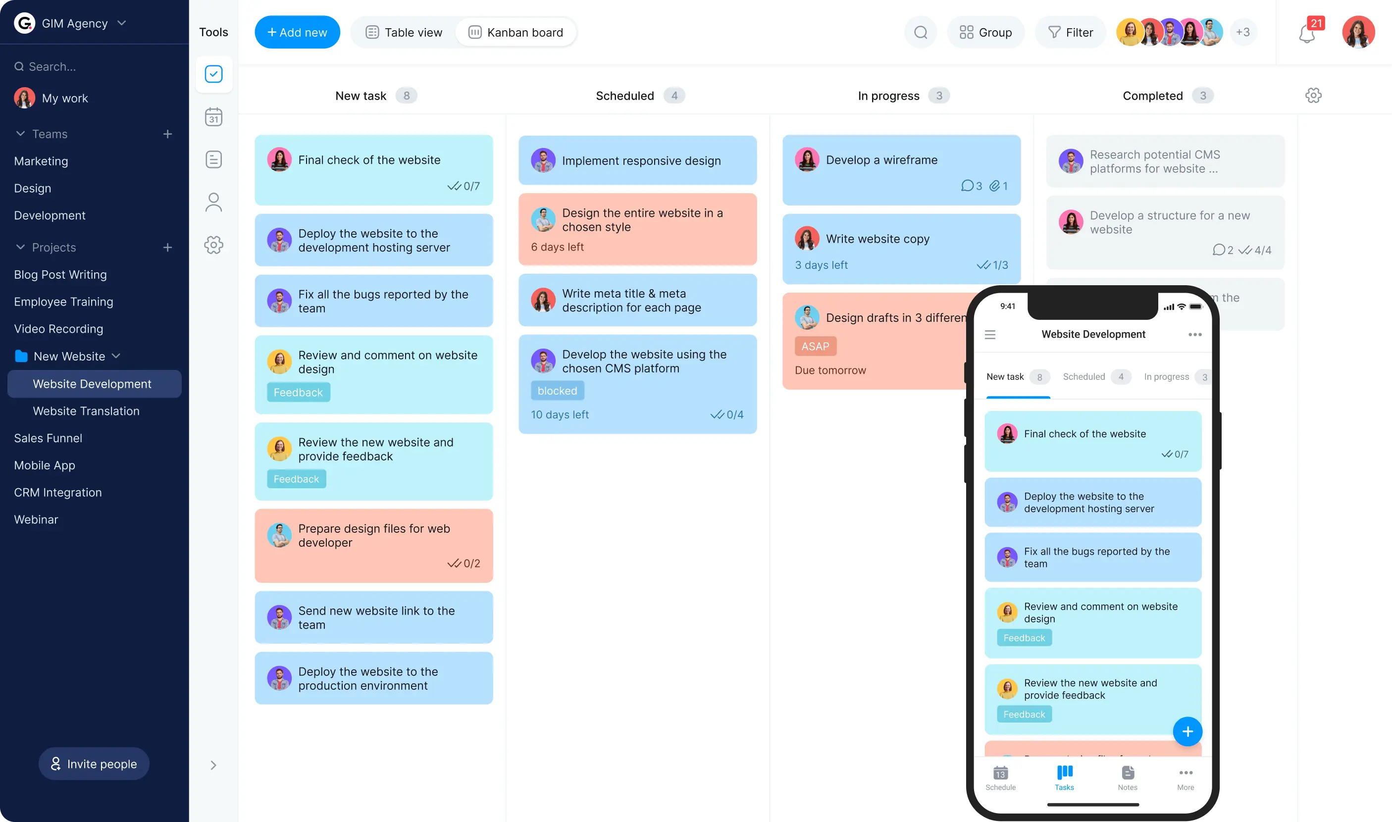 Project management planner kanban