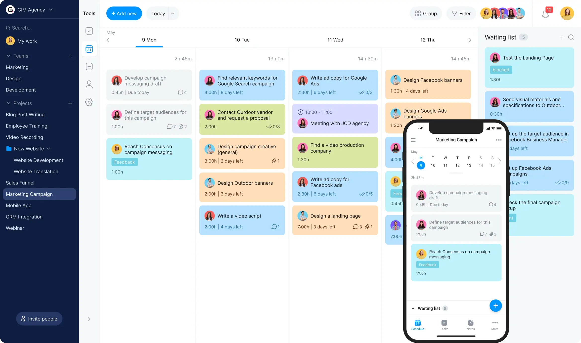 project management task list calendar