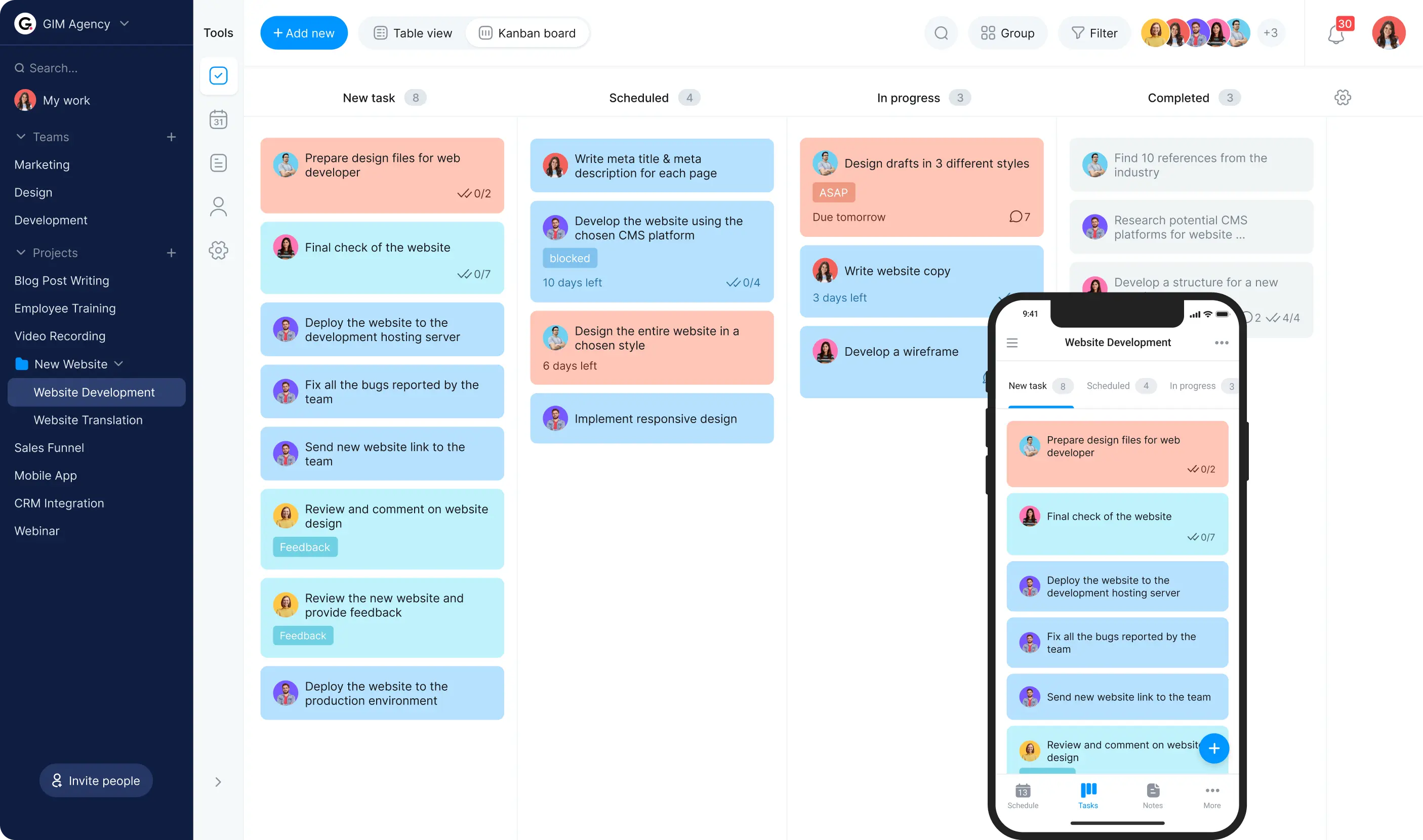 project management task list kanban