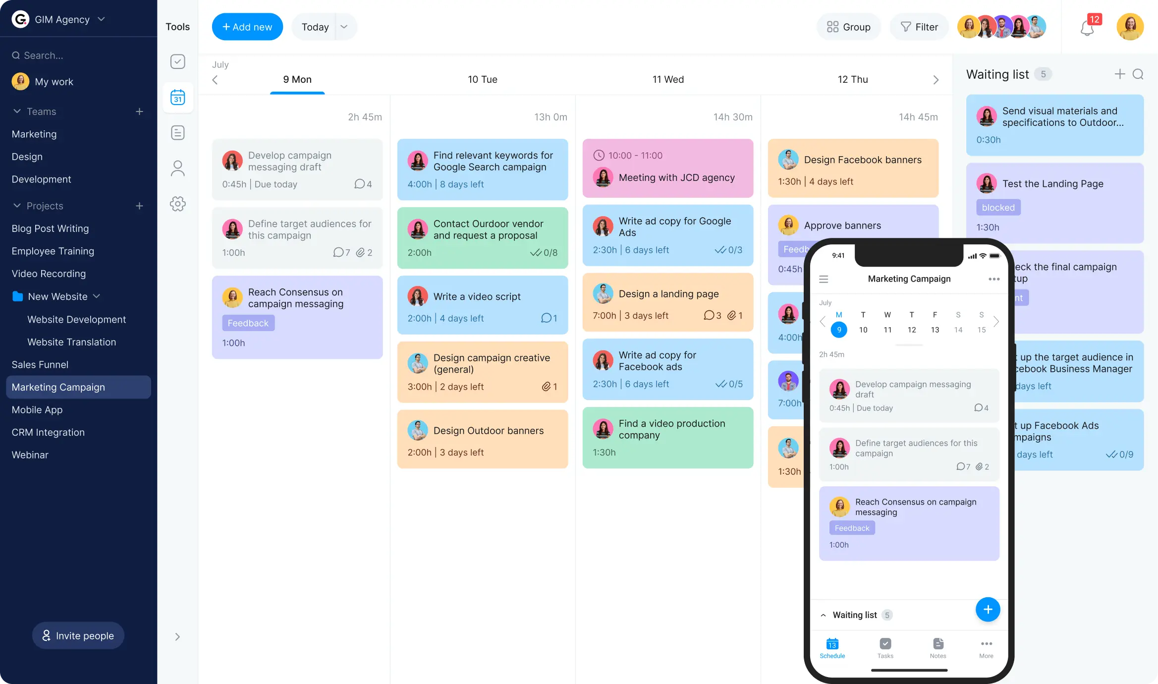 Project planning calendar