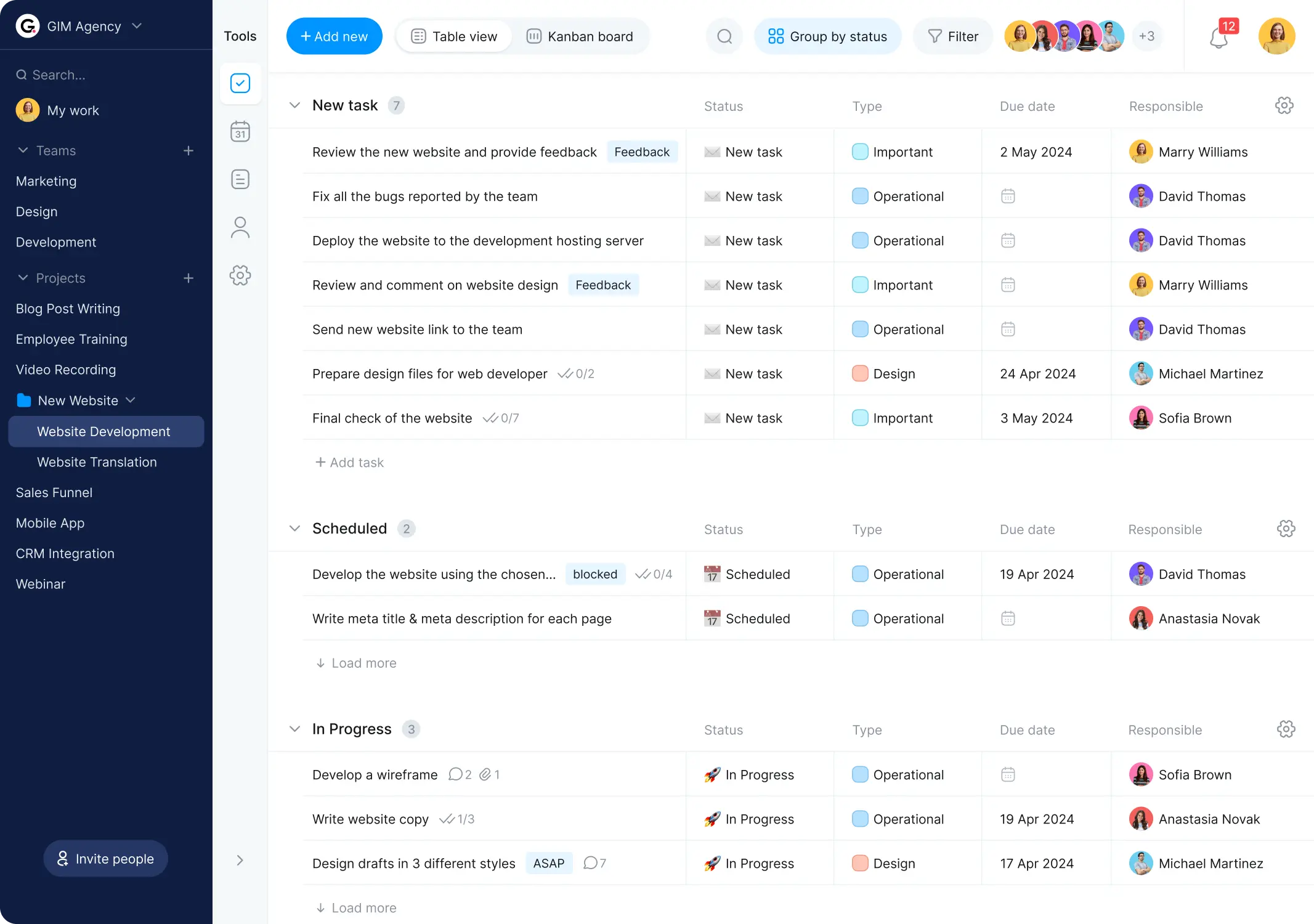 Project task tracker table view