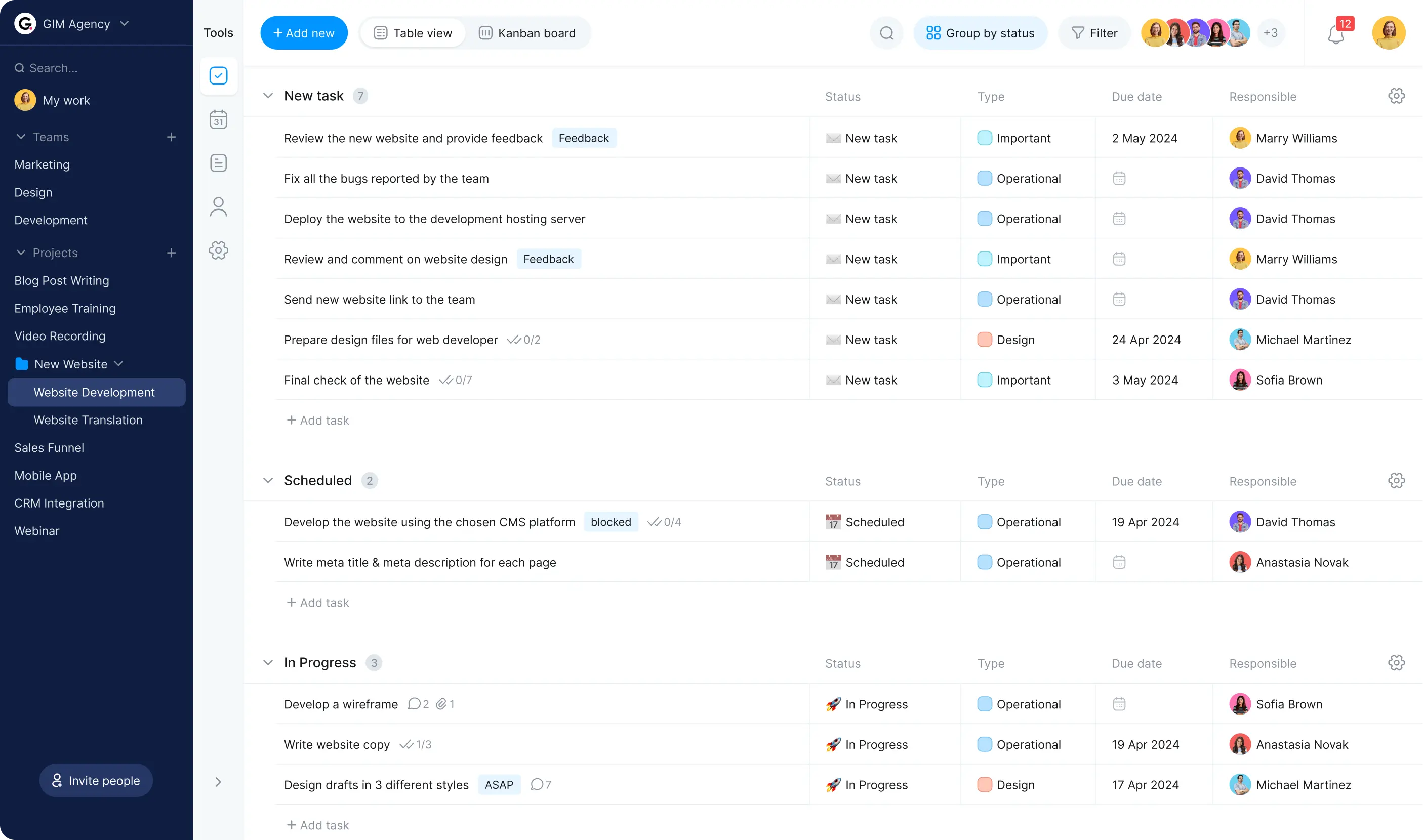 Project task tracker table view