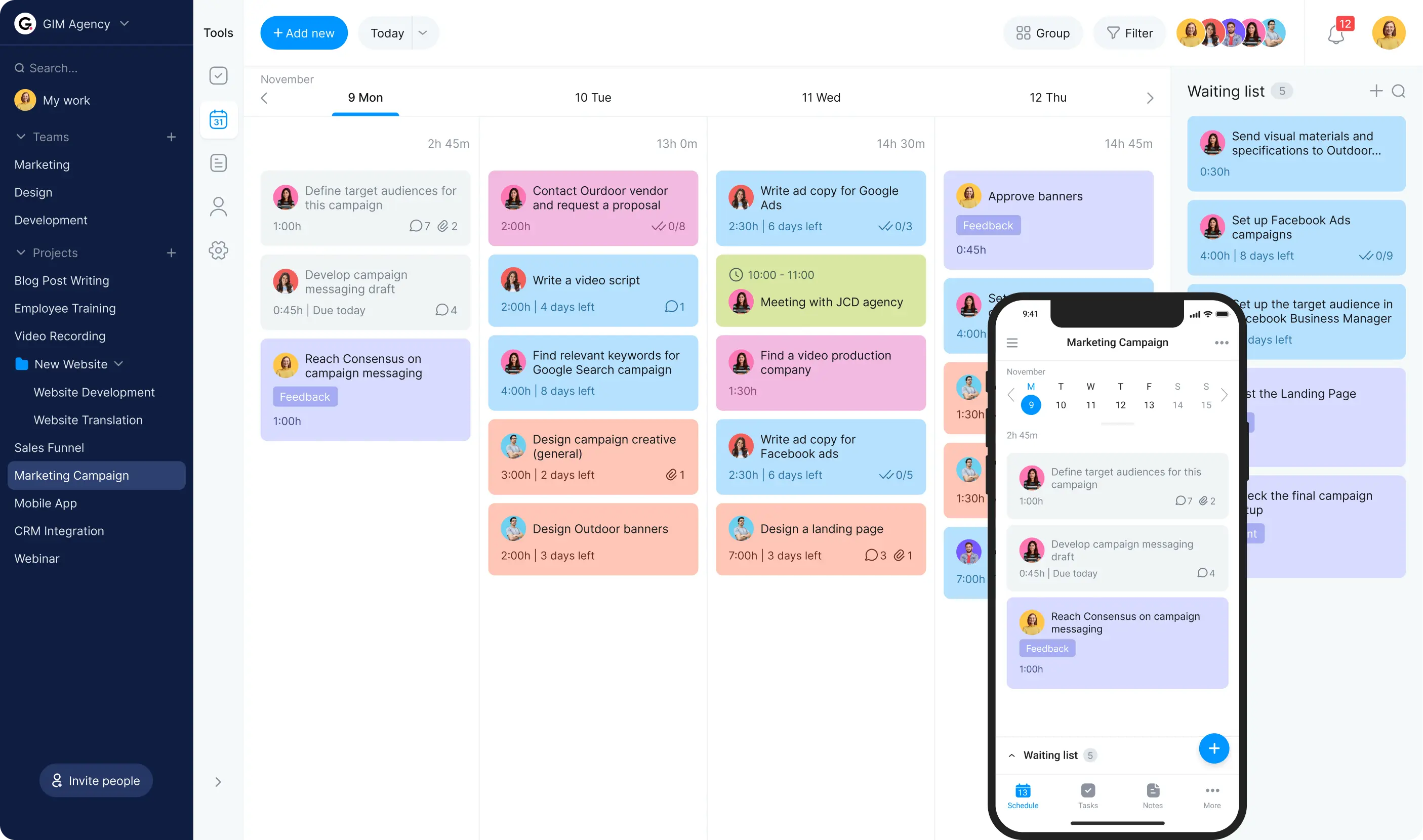 Project tracking board calendar