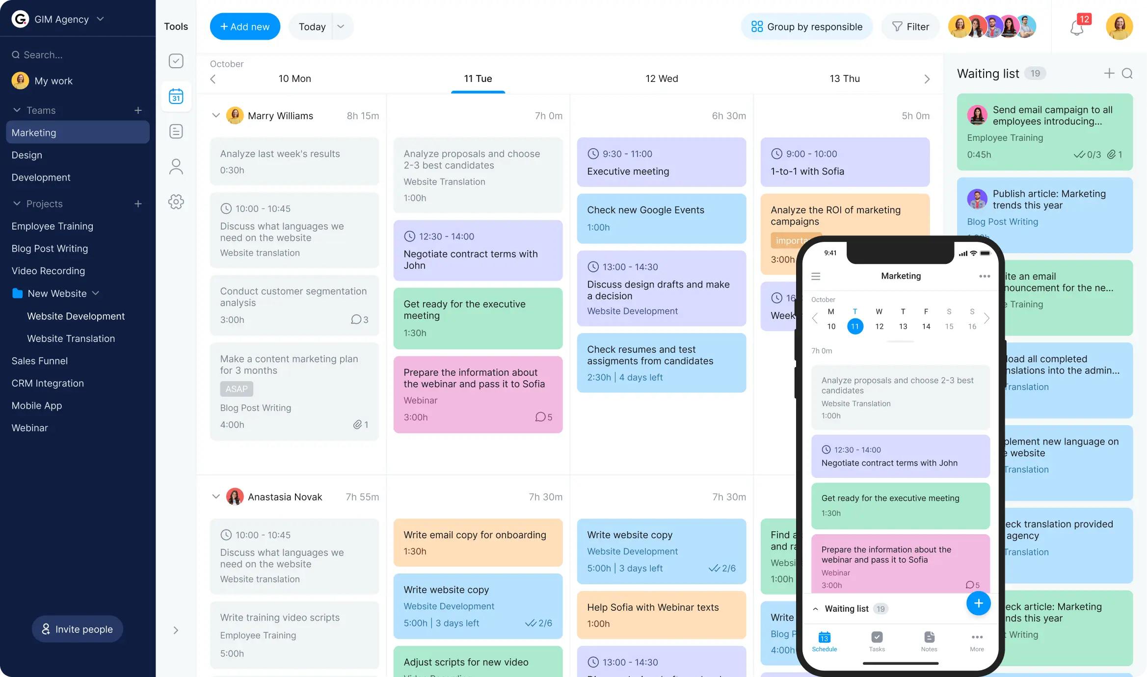 Team project planner calendar