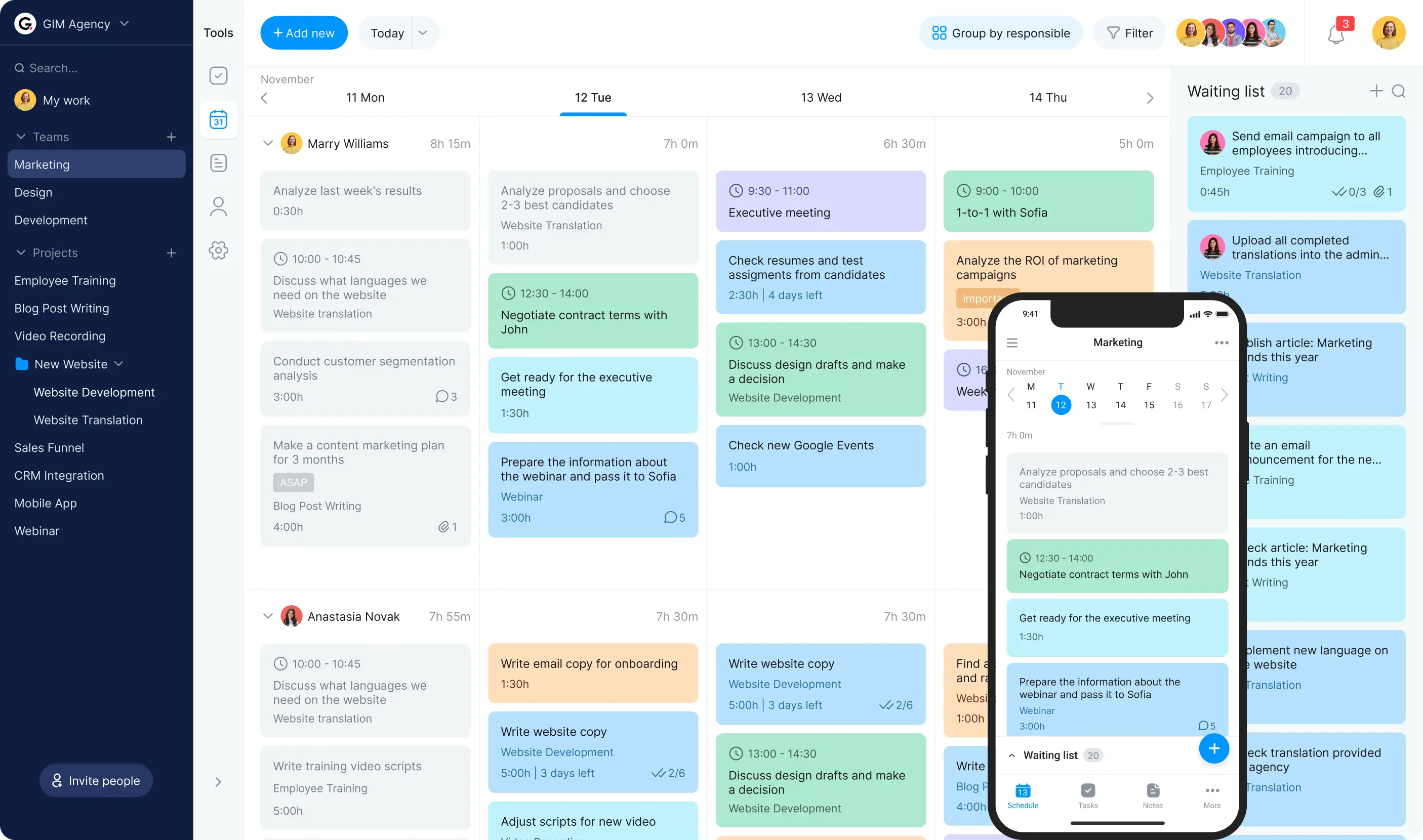 Team project tracker calendar