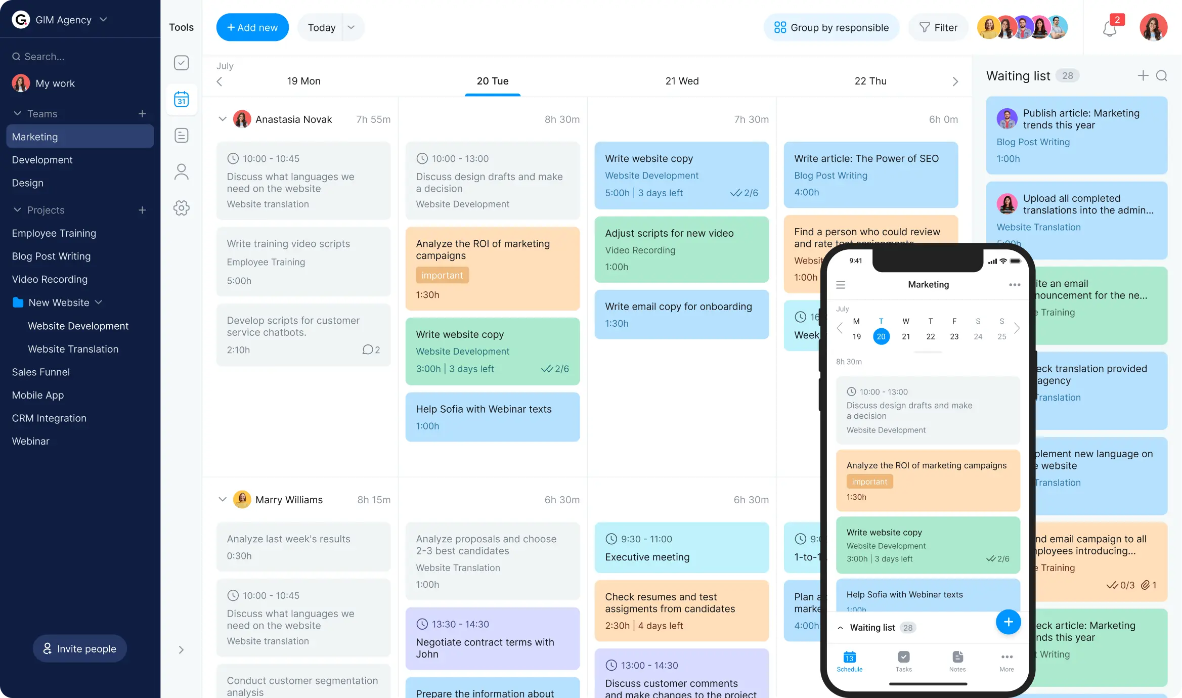 Team task tracker table view calendar