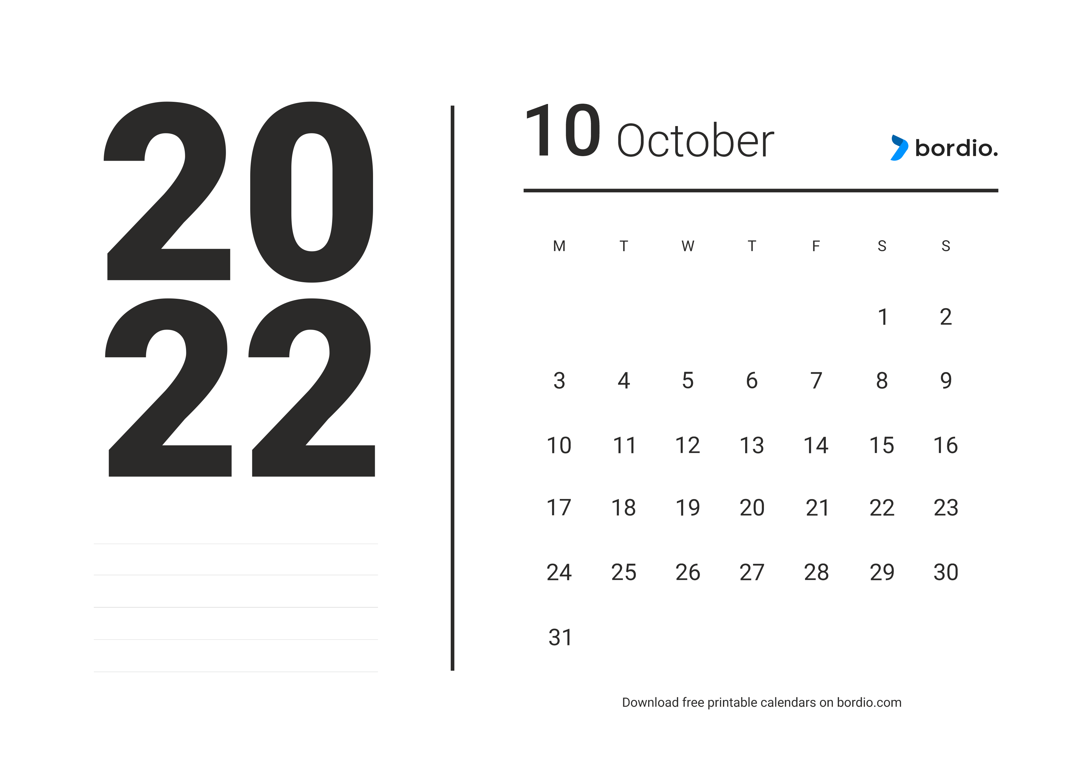 October 2022 Printable Calendar Templates For Free In Pdf Bordio 0181