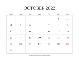 October 2022 calendar blank from Monday (preview)