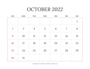 October 2022 calendar blank from Sunday (preview)