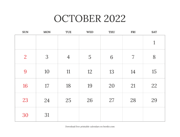 October 2022 calendar blank from Sunday (preview)