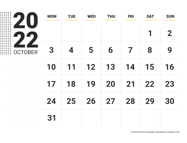 October 2022 calendar with notes from Monday (preview)