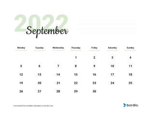 September 2022 cute calendar from Monday