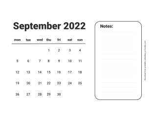 September 2022 free printable calendar from Monday (preview)