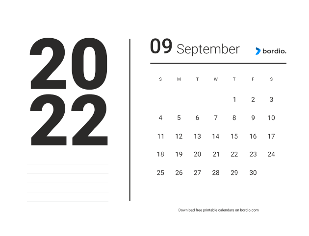 September 2022 free calendar from Sunday