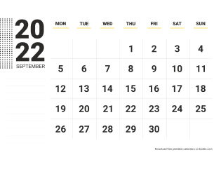 September 2022 calendar with notes