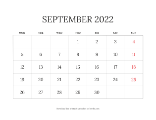 September 2022 Printable Calendar Blank From Monday (preview)