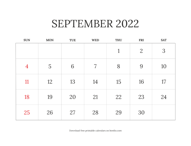 September 2022 calendar blank from Sunday (preview)