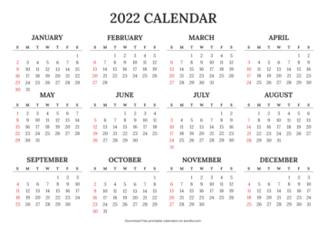 Calendar 2022 for print from Sunday (preview)