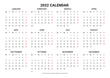 Horizontal Printable calendar 2022 from Monday (preview)
