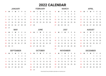 Horizontal Printable calendar 2022 from Sunday (preview)