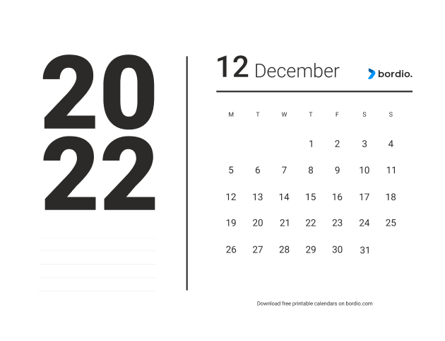 December 2022 free calendar from Monday (preview)