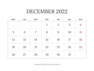 December 2022 calendar blank from Monday (preview)