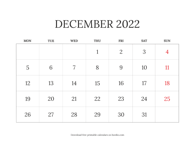 December 2022 calendar blank from Monday (preview)