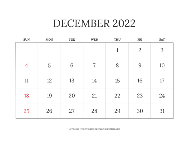 December 2022 calendar blank from Sunday (preview)