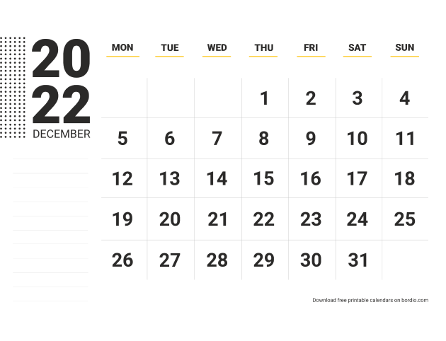 December 2022 calendar with notes from Monday (preview)