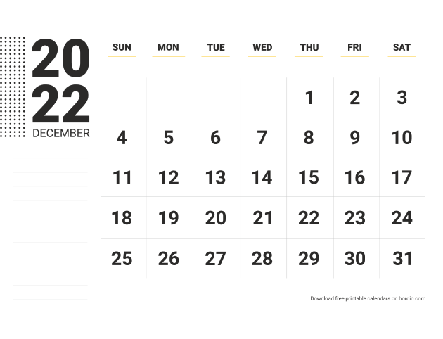 December 2022 calendar with notes from Sunday (preview)