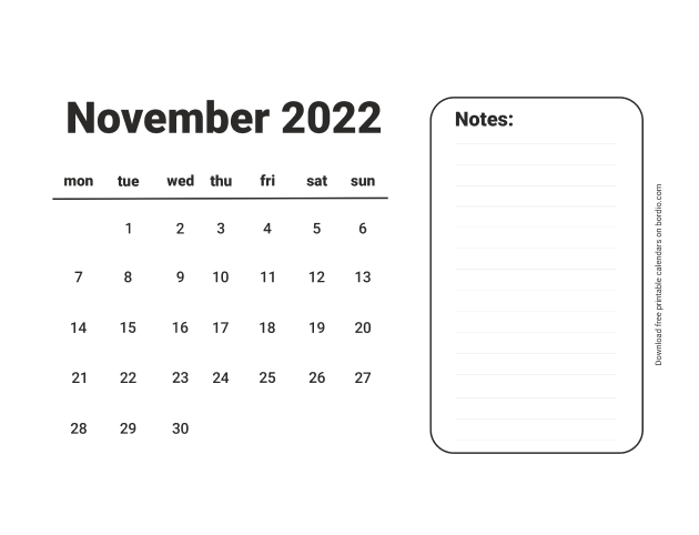 November 2022 calendar with lines from Monday (preview)