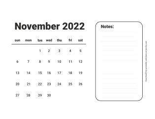 November 2022 calendar with lines from Sunday (preview)