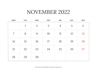 November 2022 calendar blank from Monday (preview)