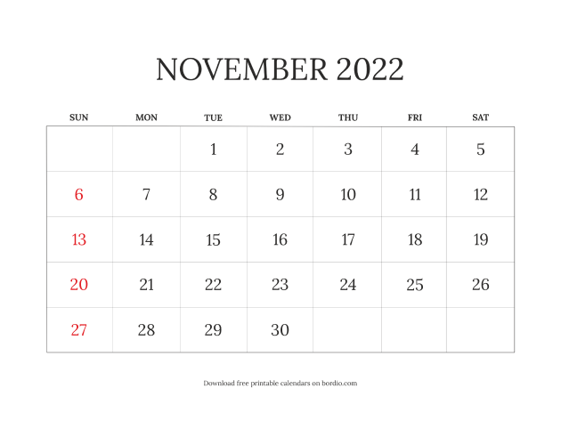November 2022 calendar blank from Sunday (preview)