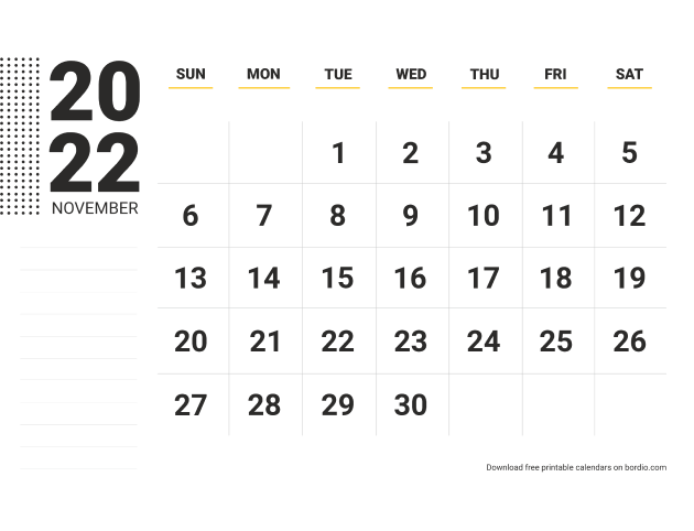 November 2022 calendar with notes from Sunday (preview)