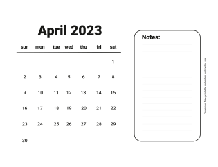 April 2023 free calendar for print Sunday