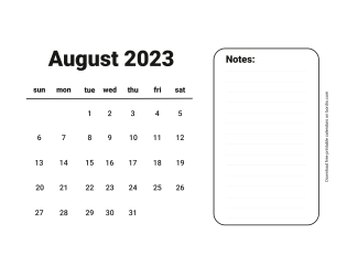 August 2023 Free Calendar for print Sunday