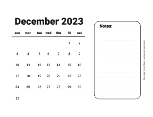December 2023 Free Calendar for Print Sunday