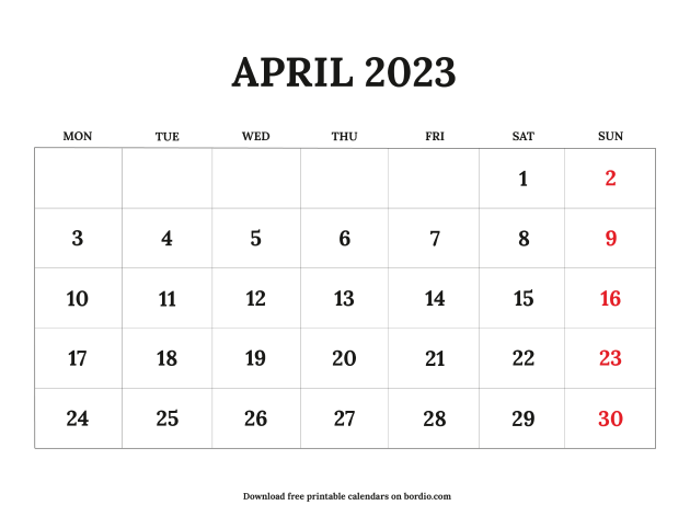 Printable April 2023 Calendar | Free Download in PDF - Bordio