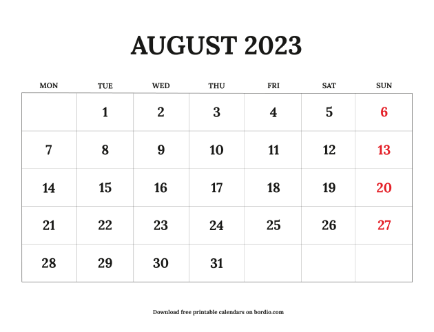 Printable August 2023 Calendar | Download for Free - Bordio