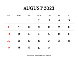 Free Printable August 2023 Calendar Sunday