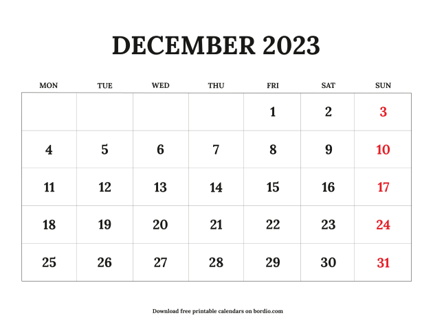 Printable December 2023 Calendar: Free Download in pdf - Bordio