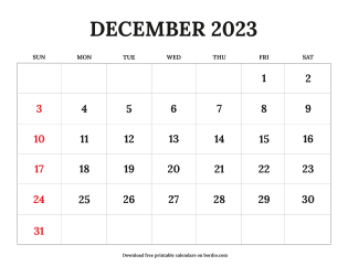 Free Printable December 2023 Calendar Sunday