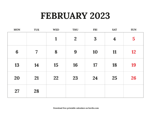 Printable February 2023 Calendar | Free Download in PDF - Bordio