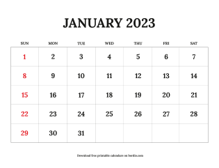 Free printable january 2023 calendar from Sunday