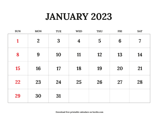 Printable January 2023 Calendar Free Download in PDF - Bordio