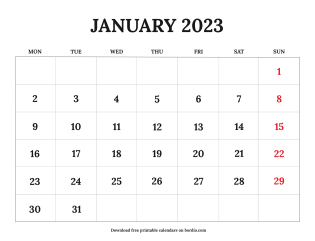 Free Printable January 2023 Calendar Preview