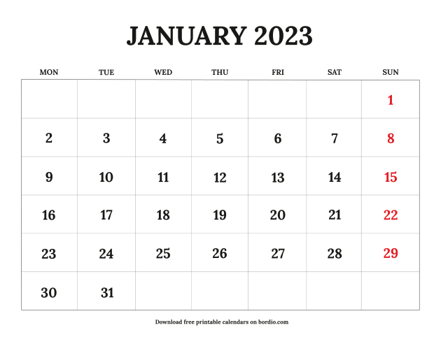 Printable January 2023 Calendar Free Download in PDF - Bordio