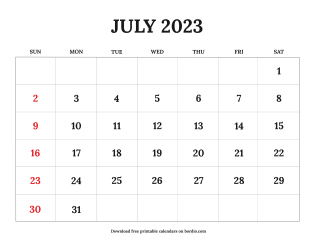 Free Printable July 2023 Calendar Sunday